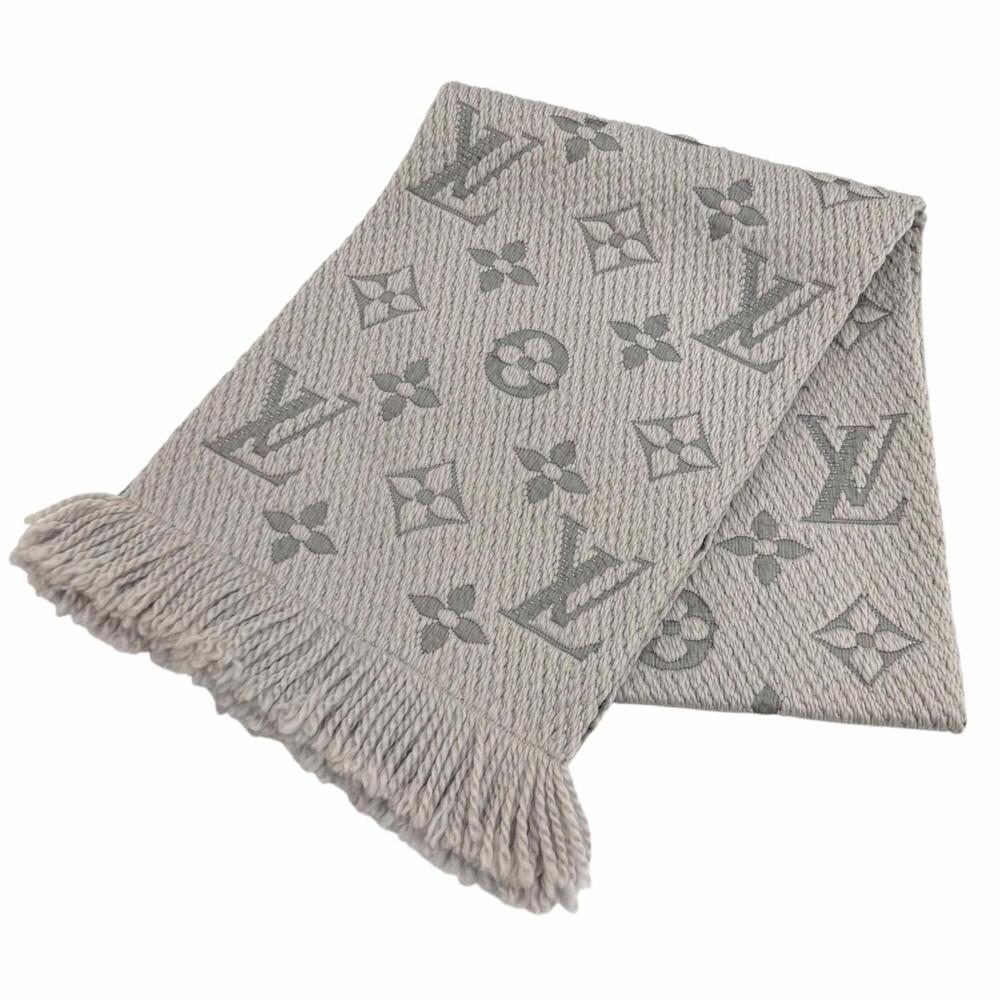 LOUIS VUITTON M74742 Echarpe Logomania Wool Silk Blend Gris Perle Fringe Stol...